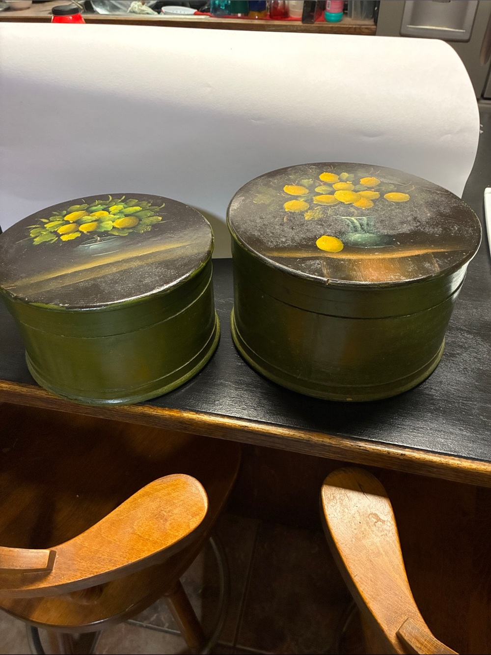 Not Rated Olive Green Round Painted Storage Boxes with Yellow Floral Lids